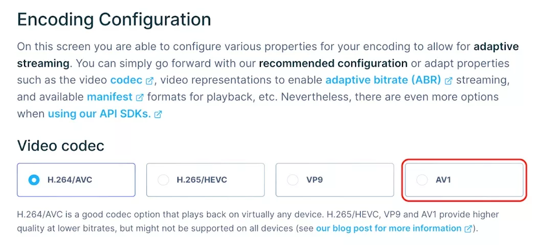 Screenshot of Bitmovin Dashboard Encoding Configuration with new AV1 video codec support